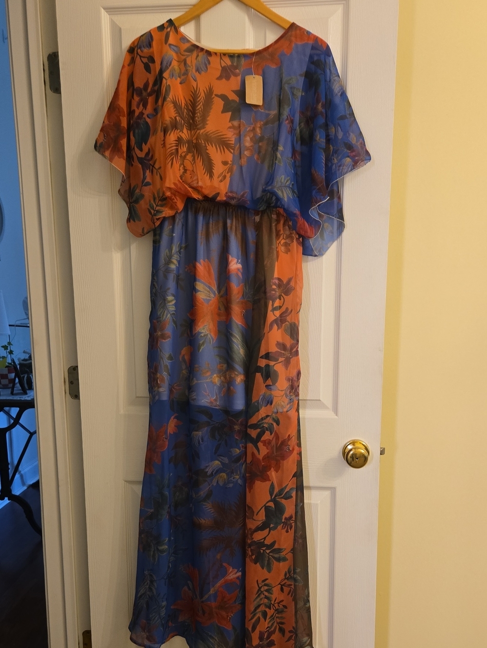 vestique Blue & Orange Floral Split-Panel Maxi Dress